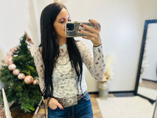 Brandy White Western Band Mesh Top-Long Sleeves-Turquoise Haven-Motis & Co Boutique, Women's Fashion Boutique in Carthage, Missouri