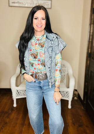 Howdy Cowboy Teal Western Mesh Top-Long Sleeves-Turquoise Haven-Motis & Co Boutique, Women's Fashion Boutique in Carthage, Missouri