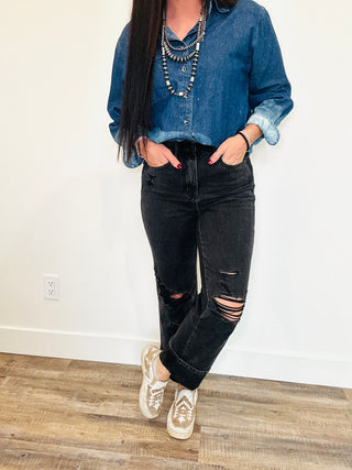 Judy Blue Sloan 90"s Destroyed Black Straight Jeans-Jeans-Judy Blue-Motis & Co Boutique, Women's Fashion Boutique in Carthage, Missouri