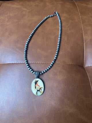 Vian Vintage Cowgirl Poster Necklace Silver-Necklaces-Western Elite-Motis & Co Boutique, Women's Fashion Boutique in Carthage, Missouri