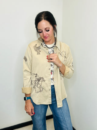 Wren Western Denim Pearl Snap Shirt-Tops-Blue B-Motis & Co Boutique, Women's Fashion Boutique in Carthage, Missouri