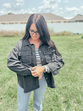 Onyx Black Washed Denim Shirt Jacket-Coats & Jackets-HYFVE-Motis & Co Boutique, Women's Fashion Boutique in Carthage, Missouri