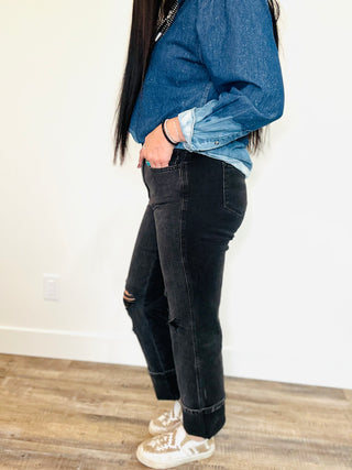 Judy Blue Sloan 90"s Destroyed Black Straight Jeans-Jeans-Judy Blue-Motis & Co Boutique, Women's Fashion Boutique in Carthage, Missouri