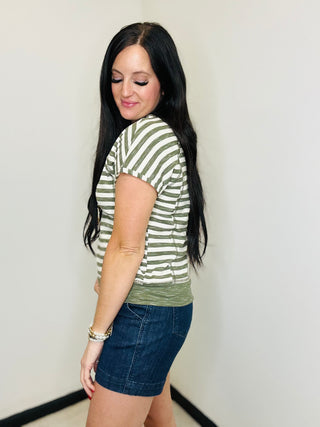 Sabrina Striped Olive Green Top-Short Sleeves-staccato-Motis & Co Boutique, Women's Fashion Boutique in Carthage, Missouri