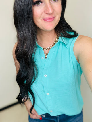 Andree by Unit Sleeveless Button Down Blouse Mint-Short Sleeves-Andree by Unit-Motis & Co Boutique, Women's Fashion Boutique in Carthage, Missouri