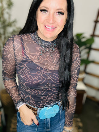 Rodeo Black and Tan Mesh Top-Long Sleeves-MOTIS-Motis & Co Boutique, Women's Fashion Boutique in Carthage, Missouri