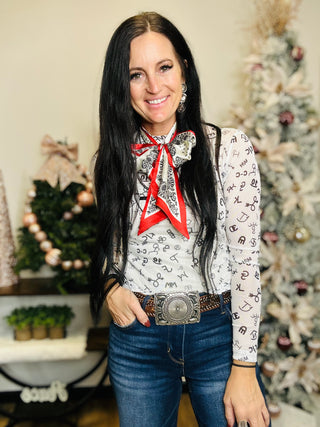 Brandy White Western Band Mesh Top-Long Sleeves-Turquoise Haven-Motis & Co Boutique, Women's Fashion Boutique in Carthage, Missouri