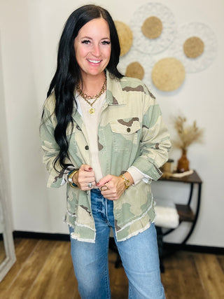 Carley Camo Peach Patch Ruffle Jacket-Jackets-Blue Velvet-Motis & Co Boutique, Women's Fashion Boutique in Carthage, Missouri