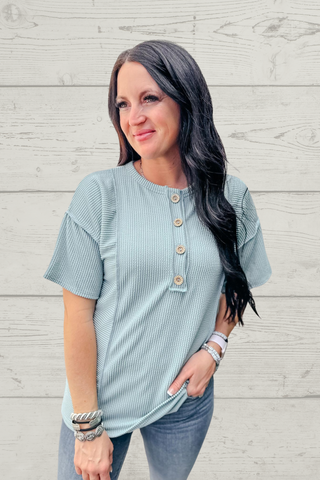 Haley Henley Short Sleeve Sage Top-Short Sleeves-HEIMISH-Motis & Co Boutique, Women's Fashion Boutique in Carthage, Missouri
