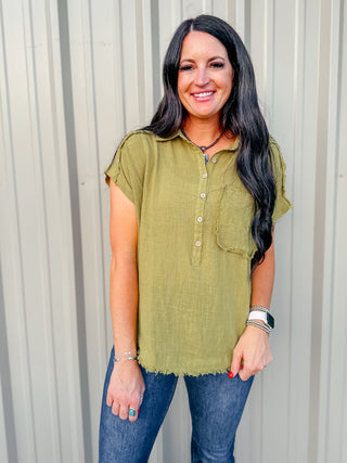 Rena Raw Edge Dolman Sleeve Blouse Green-Short Sleeves-GiGiO-Motis & Co Boutique, Women's Fashion Boutique in Carthage, Missouri
