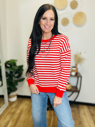Barb Striped Crew Neck Pullover -Red-Pullovers-staccato-Motis & Co Boutique, Women's Fashion Boutique in Carthage, Missouri
