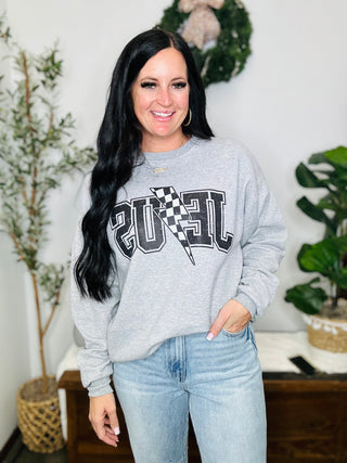 Jesus Checkered Lightning Bolt Sweatshirt-Pullovers-Motis & CO-Motis & Co Boutique, Women's Fashion Boutique in Carthage, Missouri