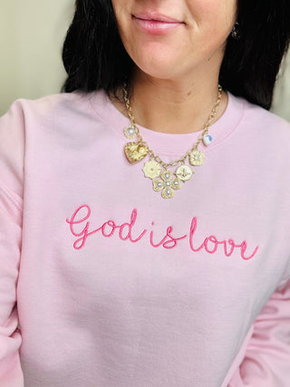 God is Love Embroidered Pink Sweatshirt-graphic Sweatshirt-Dash Forward-Motis & Co Boutique, Women's Fashion Boutique in Carthage, Missouri