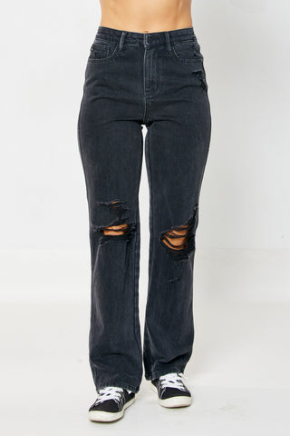 Judy Blue Sloan 90"s Destroyed Black Straight Jeans-Jeans-Judy Blue-Motis & Co Boutique, Women's Fashion Boutique in Carthage, Missouri