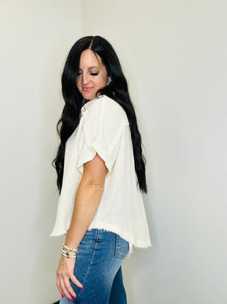 Elsie Ivory Gauze Button Down Blouse-Short Sleeves-GiGiO-Motis & Co Boutique, Women's Fashion Boutique in Carthage, Missouri