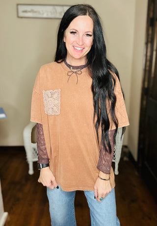 McKay Oversized Crochet Pocket Tee - Brown-Short Sleeves-EASEL-Motis & Co Boutique, Women's Fashion Boutique in Carthage, Missouri