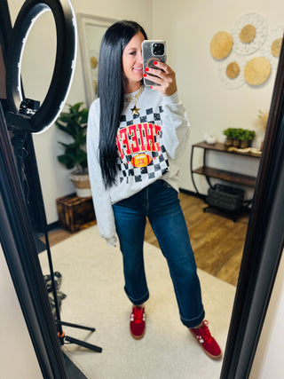 Gray Football Chiefs Checkered Sweatshirt-Pullovers-Motis & CO-Motis & Co Boutique, Women's Fashion Boutique in Carthage, Missouri