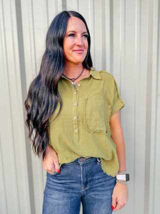 Rena Raw Edge Dolman Sleeve Blouse Green-Short Sleeves-GiGiO-Motis & Co Boutique, Women's Fashion Boutique in Carthage, Missouri