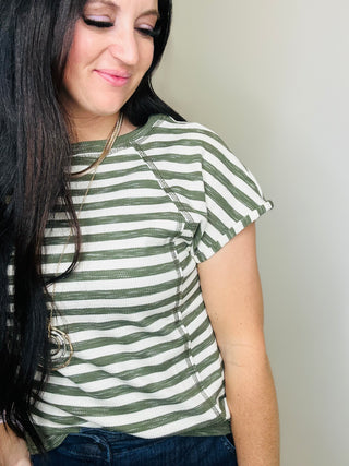 Sabrina Striped Olive Green Top-Short Sleeves-staccato-Motis & Co Boutique, Women's Fashion Boutique in Carthage, Missouri