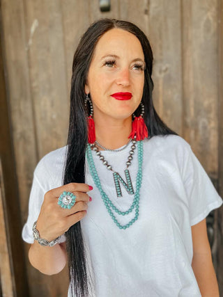 Turquoise Cowboy Pearl Initial Necklace-Necklaces-The Rustic Cactus-Motis & Co Boutique, Women's Fashion Boutique in Carthage, Missouri