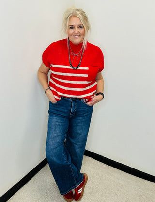 Jami Short Sleeve Red Striped Sweater-Short Sleeves-Zenana-Motis & Co Boutique, Women's Fashion Boutique in Carthage, Missouri