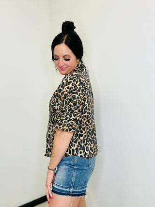 Lola Leopard Balloon Sleeve Button Blouse-Short Sleeves-GiGiO-Motis & Co Boutique, Women's Fashion Boutique in Carthage, Missouri