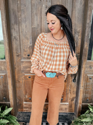 One Fine Afternoon Gingham Plaid Top In Caramel-Long Sleeves-Ave-Motis & Co Boutique, Women's Fashion Boutique in Carthage, Missouri