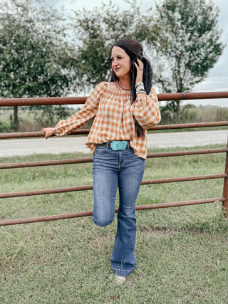 One Fine Afternoon Gingham Plaid Top In Caramel-Long Sleeves-Ave-Motis & Co Boutique, Women's Fashion Boutique in Carthage, Missouri