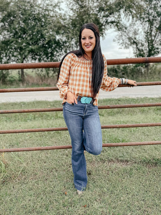 One Fine Afternoon Gingham Plaid Top In Caramel-Long Sleeves-Ave-Motis & Co Boutique, Women's Fashion Boutique in Carthage, Missouri