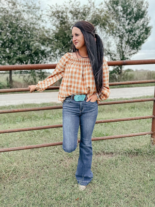 One Fine Afternoon Gingham Plaid Top In Caramel-Long Sleeves-Ave-Motis & Co Boutique, Women's Fashion Boutique in Carthage, Missouri