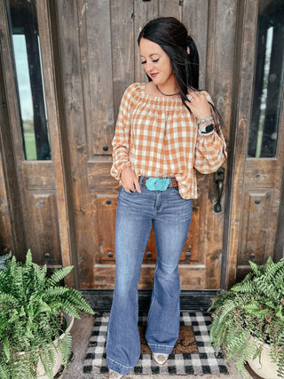 One Fine Afternoon Gingham Plaid Top In Caramel-Long Sleeves-Ave-Motis & Co Boutique, Women's Fashion Boutique in Carthage, Missouri