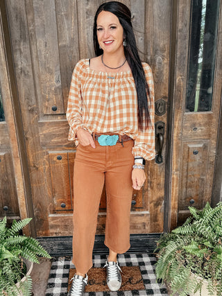 One Fine Afternoon Gingham Plaid Top In Caramel-Long Sleeves-Ave-Motis & Co Boutique, Women's Fashion Boutique in Carthage, Missouri