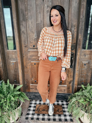 One Fine Afternoon Gingham Plaid Top In Caramel-Long Sleeves-Ave-Motis & Co Boutique, Women's Fashion Boutique in Carthage, Missouri
