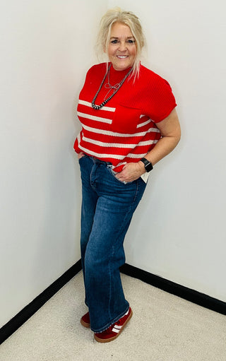 Jami Short Sleeve Red Striped Sweater-Short Sleeves-Zenana-Motis & Co Boutique, Women's Fashion Boutique in Carthage, Missouri