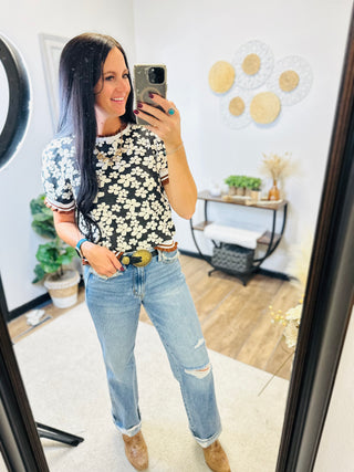 Nicole Embossed Flower Puff Sleeve Top Black-Short Sleeves-Anniewear-Motis & Co Boutique, Women's Fashion Boutique in Carthage, Missouri