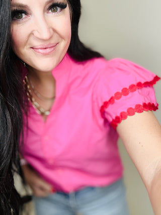 Blair Pink Ruffle Sleeve Blouse-Short Sleeves-BiBi-Motis & Co Boutique, Women's Fashion Boutique in Carthage, Missouri