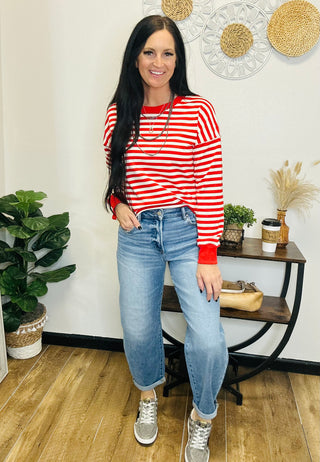 Barb Striped Crew Neck Pullover -Red-Pullovers-staccato-Motis & Co Boutique, Women's Fashion Boutique in Carthage, Missouri