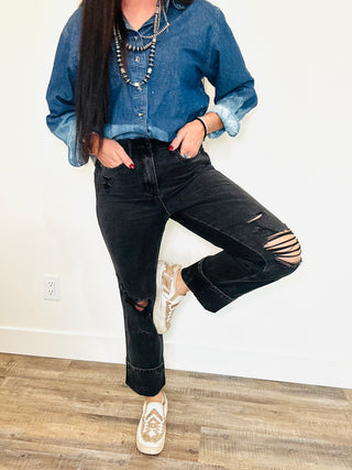 Judy Blue Sloan 90"s Destroyed Black Straight Jeans-Jeans-Judy Blue-Motis & Co Boutique, Women's Fashion Boutique in Carthage, Missouri