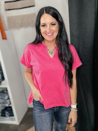 Fran Fuchsia V Neck Basic Top-Short Sleeves-Jodifl-Motis & Co Boutique, Women's Fashion Boutique in Carthage, Missouri