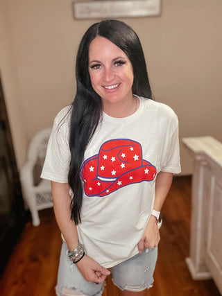 Star Spangle Cowgirl Hat Graphic Tee-Graphic Tees-The Lattimore Claim-Motis & Co Boutique, Women's Fashion Boutique in Carthage, Missouri