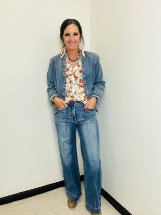 Serena Sheer Western Print Button Up Blouse-Tops-Blue B-Motis & Co Boutique, Women's Fashion Boutique in Carthage, Missouri