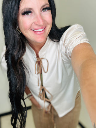 Calhoun Short Sleeve Tie Front Top-Short Sleeves-2 Fly-Motis & Co Boutique, Women's Fashion Boutique in Carthage, Missouri