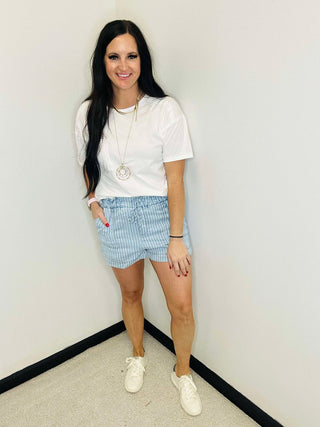 Porter Pinstriped Chambray Denim Shorts-shorts-blu pepper-Motis & Co Boutique, Women's Fashion Boutique in Carthage, Missouri