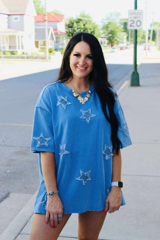 Demi Denim Star Appliqued Top-Short Sleeves-Fantastic Fawn-Motis & Co Boutique, Women's Fashion Boutique in Carthage, Missouri