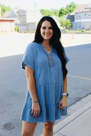 Lana Blue Gauze Dress Embroidered V Neck-Dresses-GiGiO-Motis & Co Boutique, Women's Fashion Boutique in Carthage, Missouri