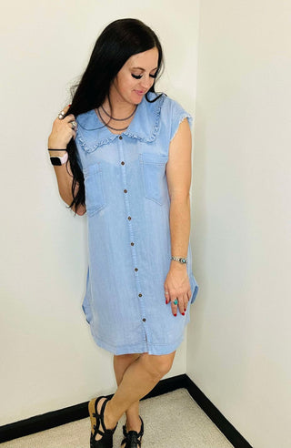 Delaney Denim Peter Pan Collar Shirt Dress-Dresses-GiGiO-Motis & Co Boutique, Women's Fashion Boutique in Carthage, Missouri