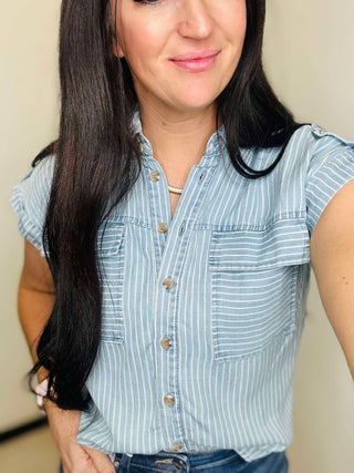 Ciara Pinstriped Chambray Denim Blouse-Short Sleeves-blu pepper-Motis & Co Boutique, Women's Fashion Boutique in Carthage, Missouri