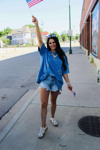 Demi Denim Star Appliqued Top-Short Sleeves-Fantastic Fawn-Motis & Co Boutique, Women's Fashion Boutique in Carthage, Missouri