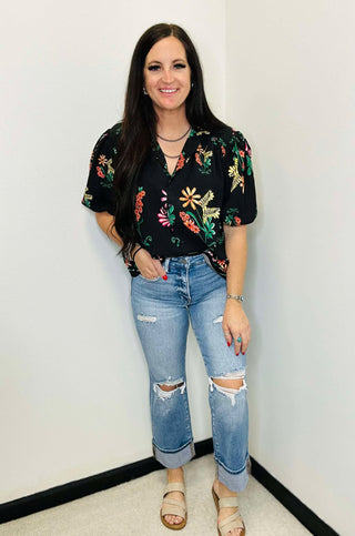 Julie Button Up Floral Top Black-Short Sleeves-GiGiO-Motis & Co Boutique, Women's Fashion Boutique in Carthage, Missouri