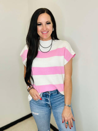 Lainey Pink Stripe Short Sleeve Sweater-Short Sleeves-Jodifl-Motis & Co Boutique, Women's Fashion Boutique in Carthage, Missouri